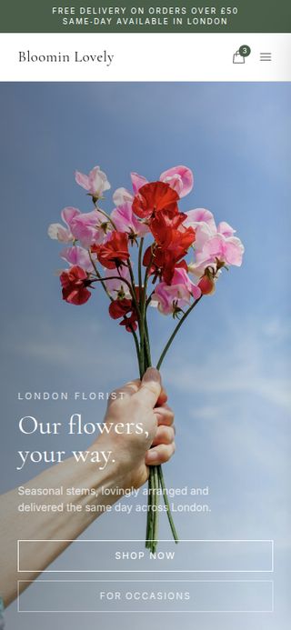 Bloomin' Lovely, a sample florist website, shown on a phone