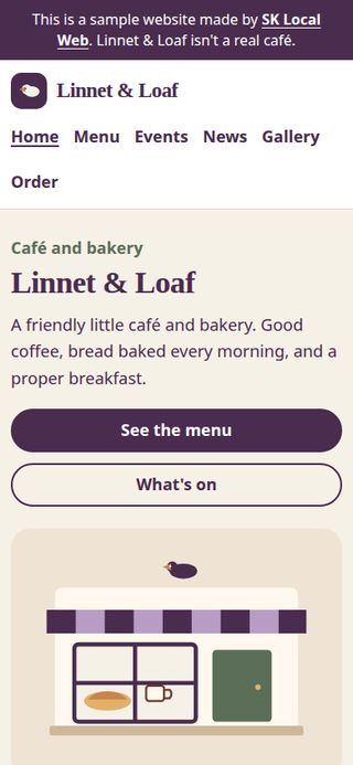 Linnet & Loaf, a sample café website, shown on a phone